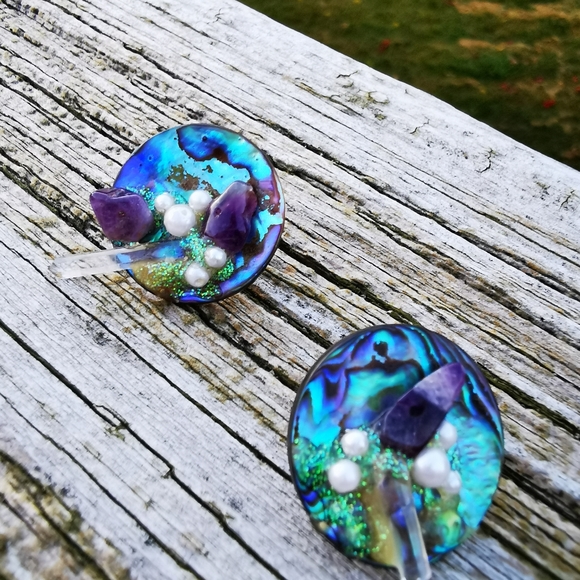 Handmade Abalone and Crystal Round Pierced Earrings - Picture 1 of 15